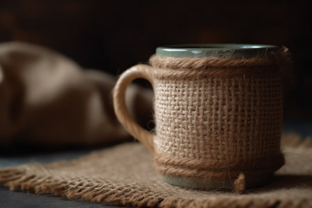 Coffee mug on a burlap background with room to copy text. Generative AIの素材