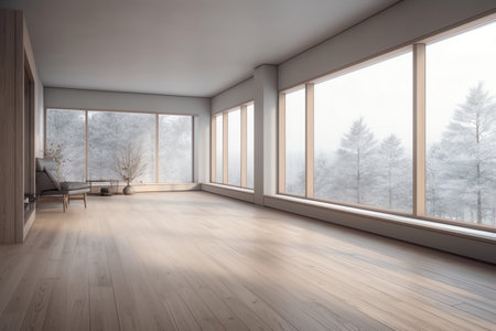 Scandinavian empty apartment interior without furniture with large wall and landscape in window, home nordic interior, 3d illustration. Generative AIの素材
