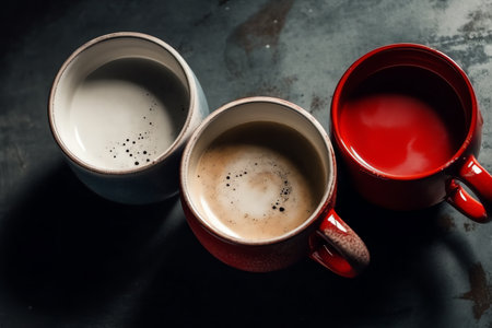 Three coffee mugs, white and red top down view. Generative AIの素材