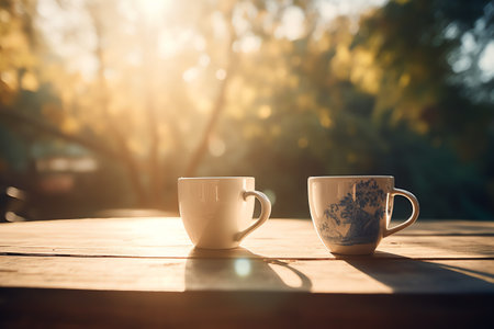 Two coffee mugs sitting on a wooden table outside on a sunny day with trees in the backgroup of the picture and a blurry background. Generative AIの素材