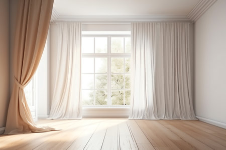Empty white room mock up with white window, brown curtain and wooden floor, 3d illustration. Generative AIの素材