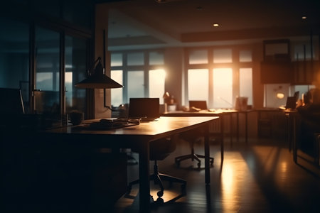 Blurred office workspace in the evening interior. Generative AIの素材