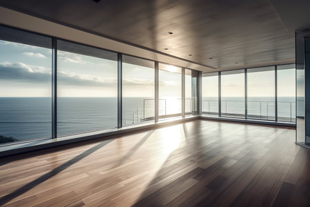 Empty room interior design, open space with big panoramic window, balcony on sea panoramic view, parquet wooden floor, modern contemporary architecture. Generative AIの素材
