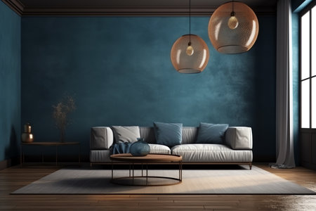 Modern cozy living room and blue wall texture background interior design, 3d rendering. Generative AIの素材