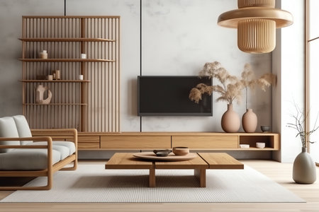 Modern japan style living room decorated with minimalist tv cabinet and bookshelf, white wall and wood slat wall, 3d rendering. Generative AIの素材