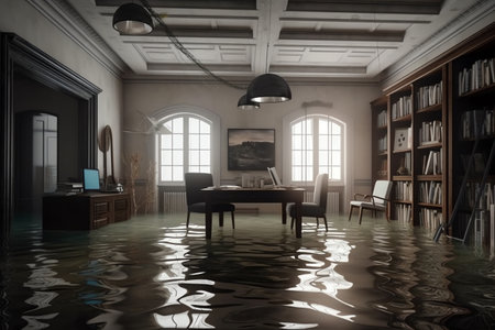Create a library in a flooded basement. Generative AIの素材