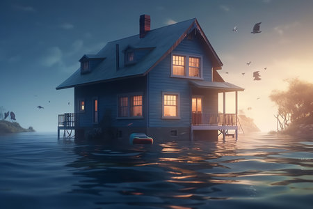 House under water 3d illustration. Generative AIの素材
