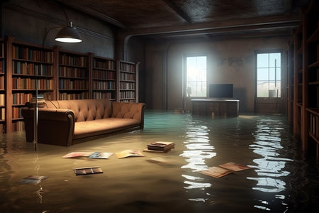 Create a library in a flooded basement. Generative AIの素材
