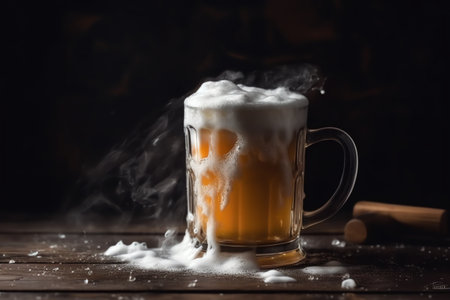 Cold mug with beer, with overflowing foam, on wooden table and dark background. Generative AIの素材