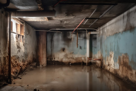 Basement under construction underwater with mold on wall. Generative AIの素材