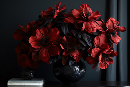 A bold and dramatic design with oversized black leaves and striking red flowers. Generative AIの素材