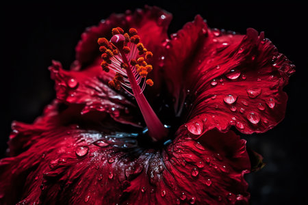 A macro image of a crimson hibiscus bloom. Generative AIの素材