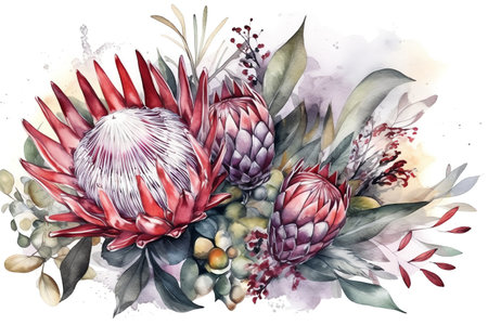 Banner with branches purple protea flowers, plumeria, hibiscus and tropical plants, hand drawn watercolor painting on white background. Generative AIの素材