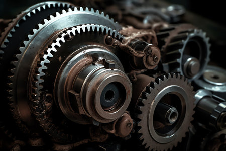 Close up oh gears of an engine, illustration. Generative AIの素材