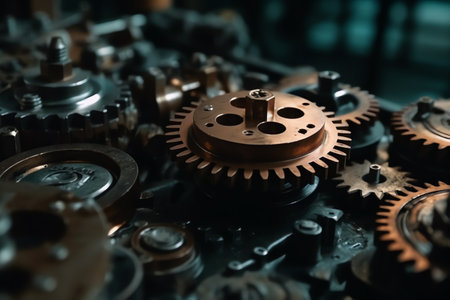 Mechanism, gears and cogs at work, industrial machinery, gears background. Generative AIの素材