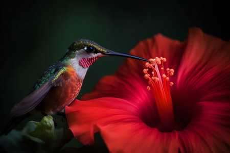 Majestic hummingbird, beautiful photography of a hummingbird feeding on hibiscus flower. Generative AIの素材
