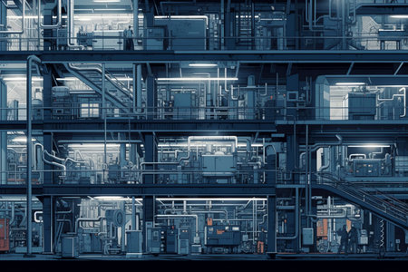 Background of a factory with machinery on a glass manufacturing line. Generative AIの素材