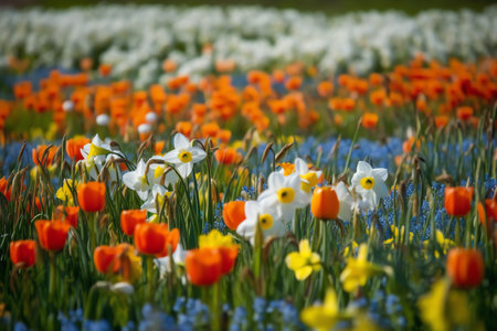 Beautiful field of spring flowers with narcissus, tulips and muscari. Generative AIの素材