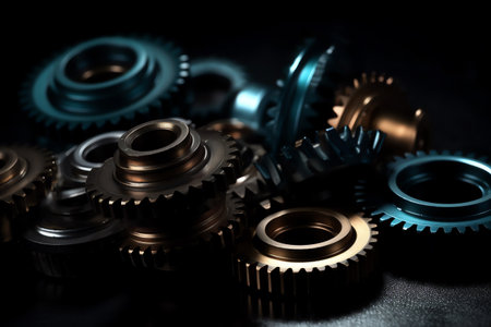 Shiny gears of cold steel colors on dark background. Generative AIの素材