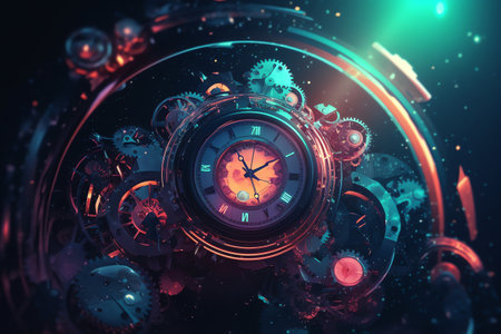Clock and clock gears in space, futuristic abstract background, vibrant colors, illustration, time and universe concept. Generative AIの素材