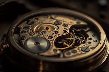 Precise timekeeping, a close look at the mechanical cogwheels of a watch. Generative AIの素材