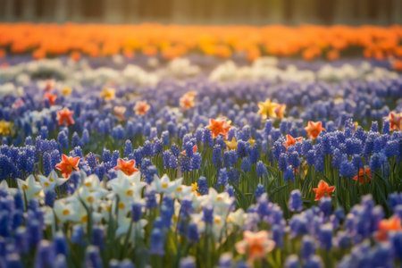 Beautiful field of spring flowers with narcissus, tulips and muscari. Generative AIの素材