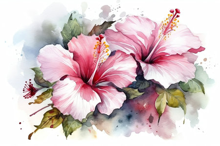 Handdrawn watercolor floral illustration of the tender white with pink hibiscus flowers, natural drawing isolated on the white background, romantic tropical blossom. Generative AIの素材