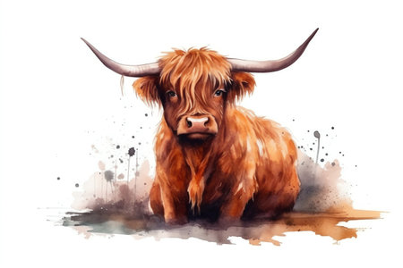 Highland cow isolated on white background, farm animals, handpainted watercolor illustration, agriculture, farmland, nature village landscape, organic farming. Generative AIの素材