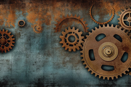 Blue and rusty steampunk banner with gears and wheels. Generative AIの素材