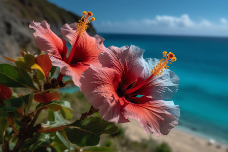 Island paradise hibiscus flowers glistening in the sun. Generative AIの素材