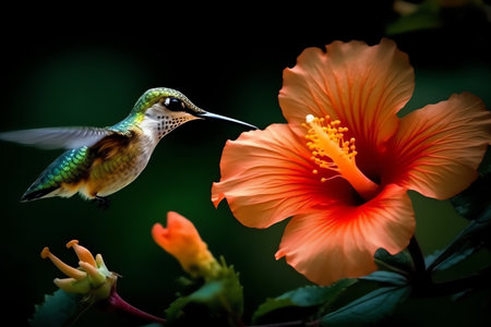 The art of pollination, hummingbird feeding on hibiscus flower beautiful photography. Generative AIの素材
