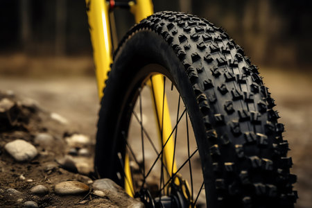 Yellow mountain bike tire tread with brakes in the distance. Generative AIの素材
