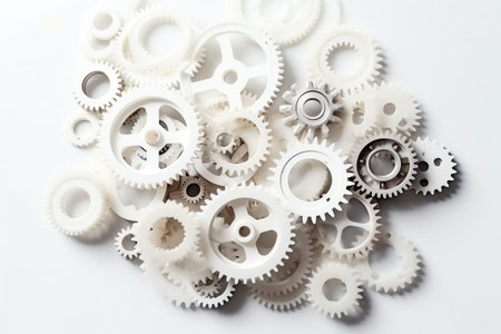 Group white gears or cogwheels on white background, modern minimal process or industry concept template flat lay top view from above with. Generative AIの素材