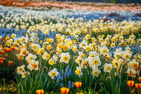 Beautiful field of spring flowers with narcissus, tulips and muscari. Generative AIの素材