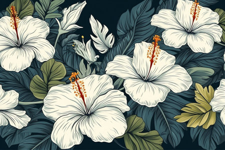Decorative background with hawaiian white hibiscus flowers. Generative AIの素材