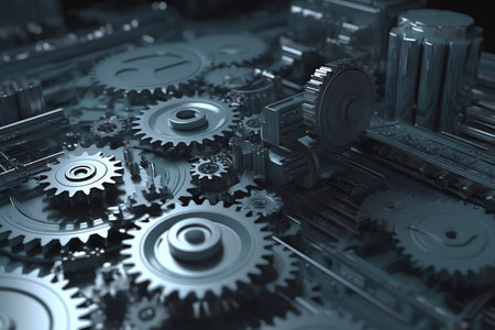 3D rendering, light color gray gears background, industrial 4, 0, cyber physical systems, hitech, engineering, digital telecoms concept, background. Generative AIの素材