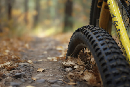 Yellow mountain bike tire tread with brakes in the distance. Generative AIの素材