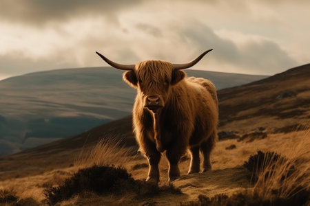 Large highland cattle in a meadow in top of a hill, beautiful dramatic scenery. Generative AIの素材