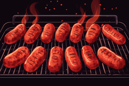 Sausages on a grill, grilled sausage on the flame grill, illustration. Generative AIの素材