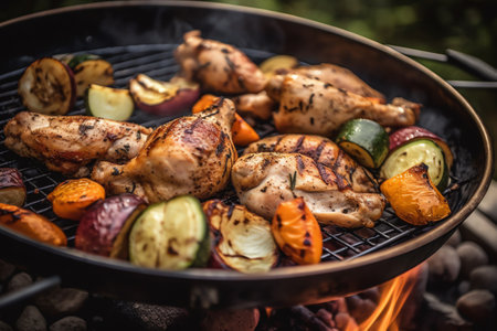 Grilled chicken and vegetables on homemade backyard grill. Generative AIの素材