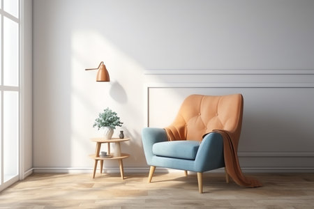 Wall mock up in warm tones with blue armchair on white wall background. Generative AIの素材