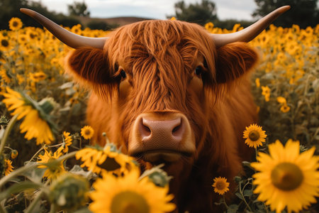 Highland cow face with many various sunflowers. Generative AIの素材