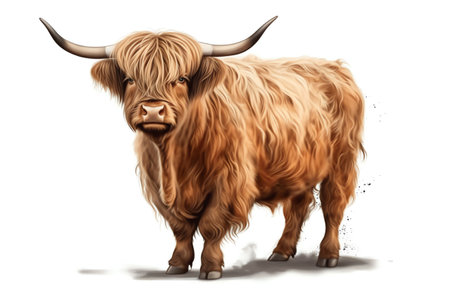 Scottish cow, beige shaggy bull, illustration isolated on white background. Generative AIの素材
