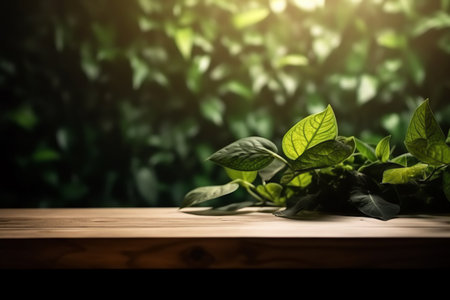 Wood table green wall background with sunlight window create leaf shadow on wall with blur indoor green plant, eground. Generative AIの素材