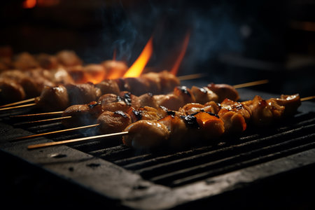 Closeup of yakitori skewers sizzling on a charcoal grill, with smoke rising and flames flickering in the background. Generative AIの素材