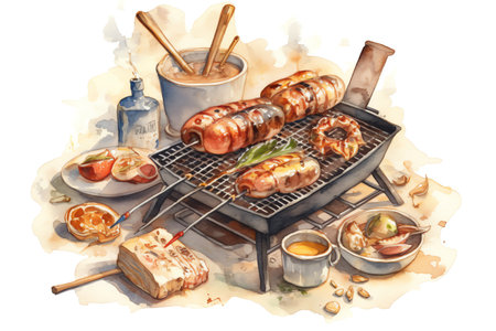 Watercolor illustration of a barbecue with a grill, food and drinks. Generative AIの素材
