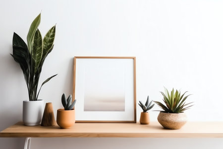 Empty horizontal frame mockup in modern minimalist interior with plant in trendy vase on white wall background, template, artwork, painting, photo or poster. Generative AIの素材