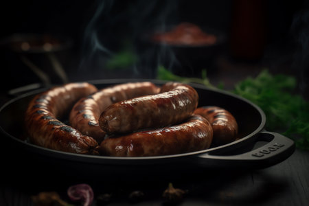 Grilled sausages on the grill plate, outdoors, grilling food, sausages on the grill plate and dark background. Generative AIの素材