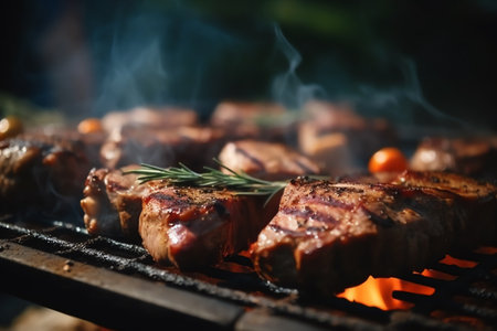 Grilled steak meat on a barbecue party in garden summertime and food concept. Generative AIの素材