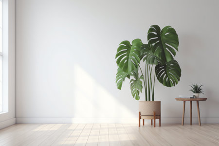 Monstera deliciosa plant in a minimalist white room illustration. Generative AIの素材